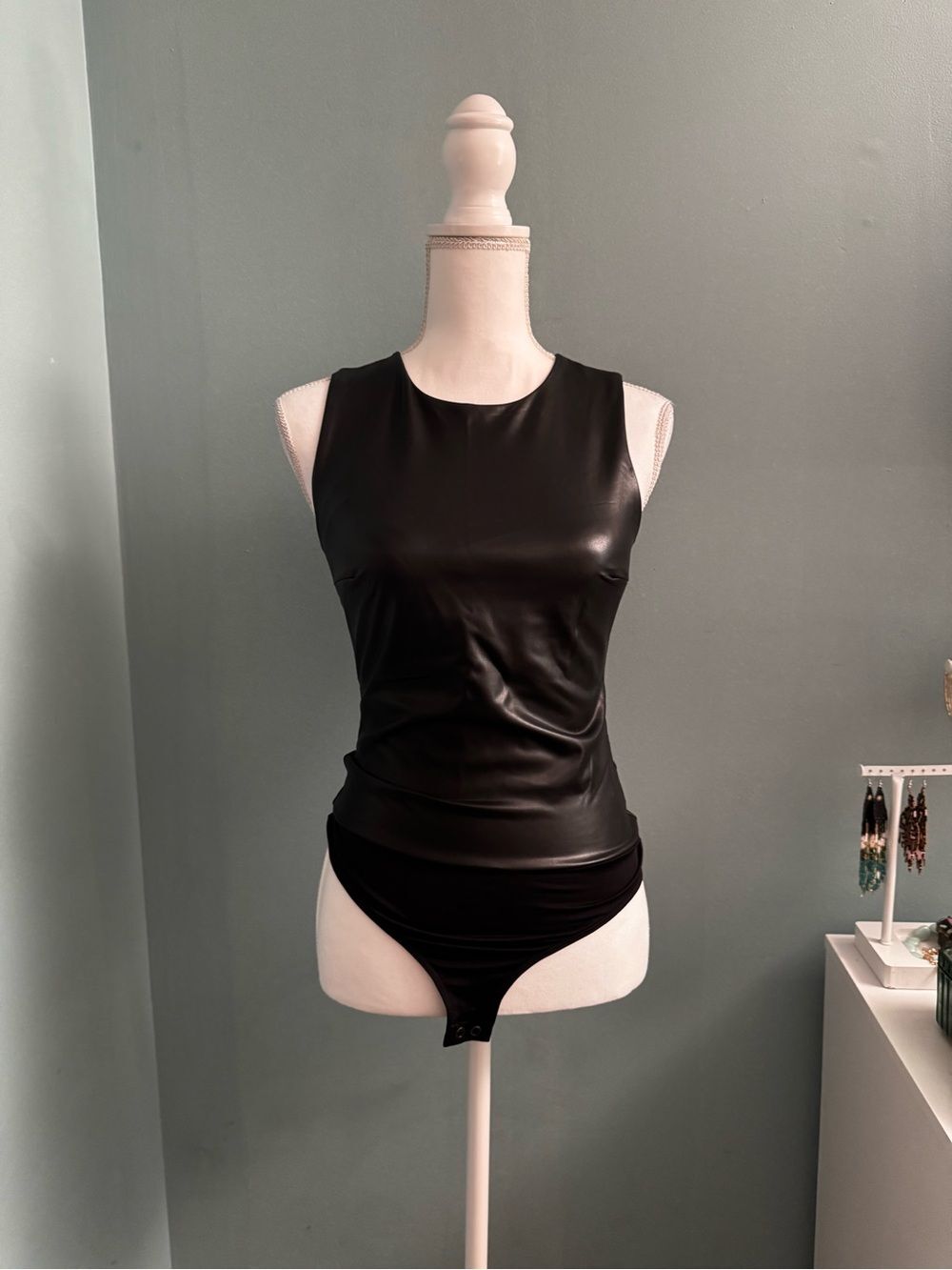 Express Black Sleeveless One-Piece Faux Vegan Leather Bodysuit Small